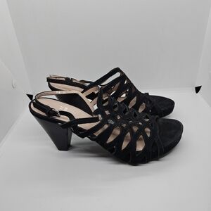 Stuart Weitzman black suede strappy cage slingback heeled sandals 7.5M